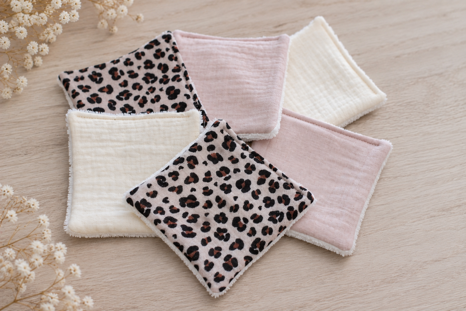 Lot de 6 grandes lingettes lavables en éponge bambou, 2 léopard, 2 écru, 2 nude