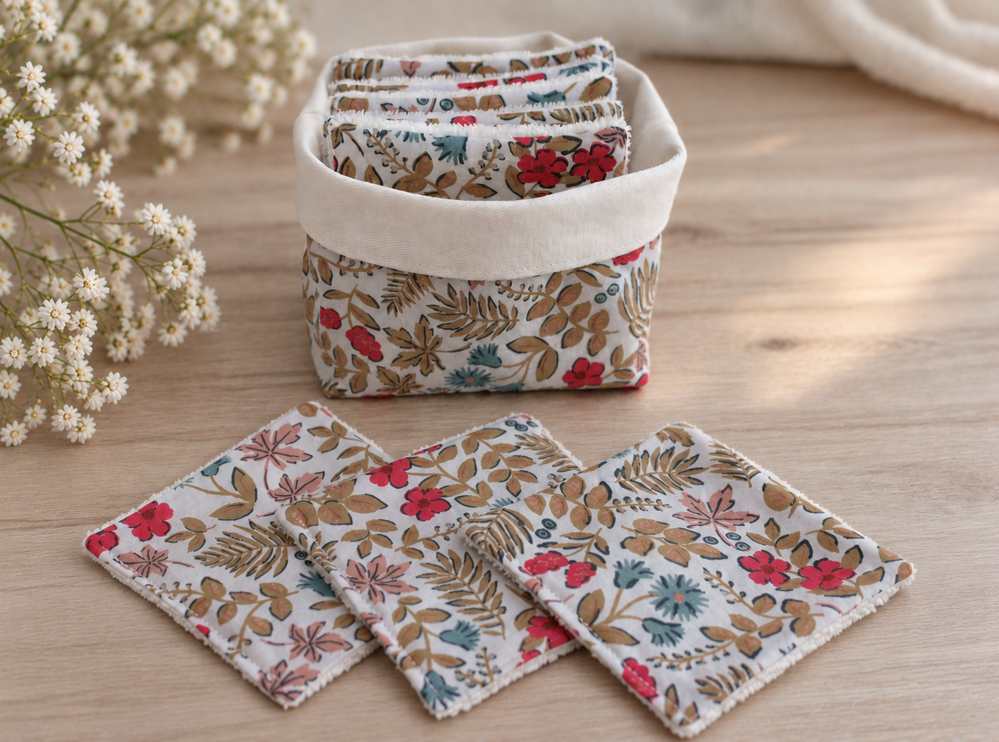 10 lingettes avec panier, lingettes lavables, pochon et lingettes, lingettes fleurs, lingettes bambou